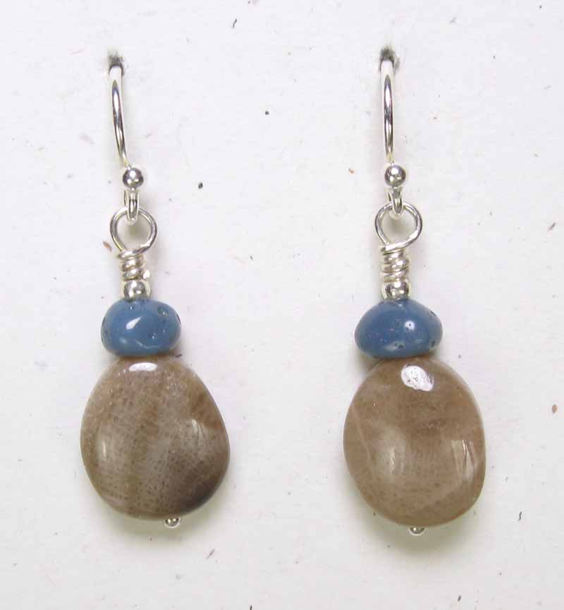 Oval and Teardrop Petoskey Earrings with Leland Blue Stone Accent